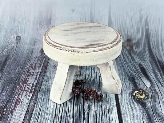 Rustic Round End Table - White Washed