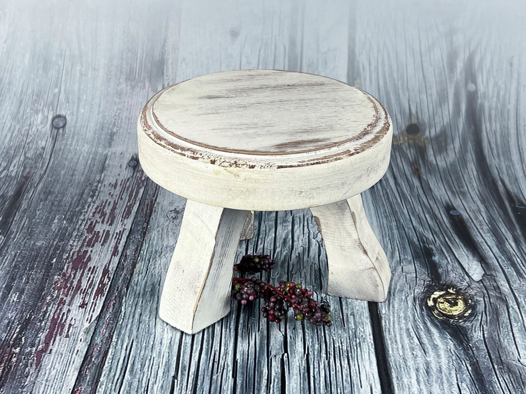 Rustic Round End Table - White Washed