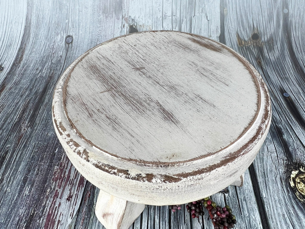 Rustic Round End Table - White Washed