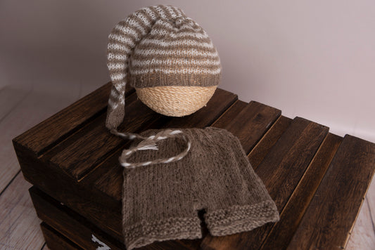 SET Mohair Pants and Striped Sleeping Hat - Light Brown