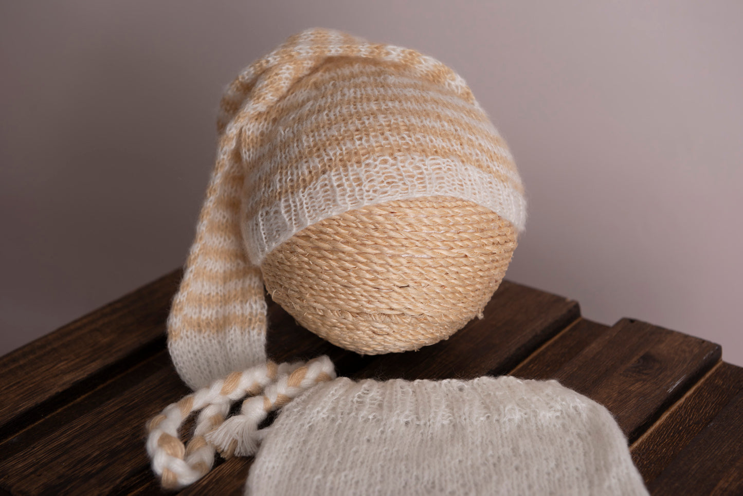 SET Mohair Pants and Striped Sleeping Hat - Milk White