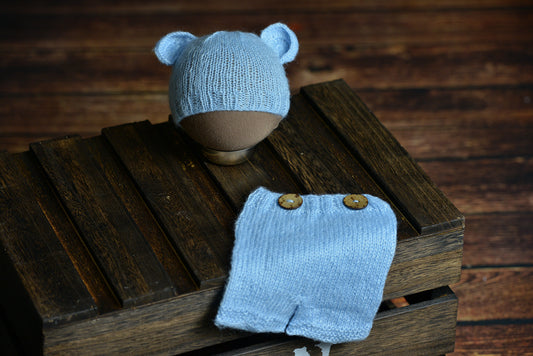 SET Mohair Bear Hat and Pants - Light Blue-Newborn Photography Props
