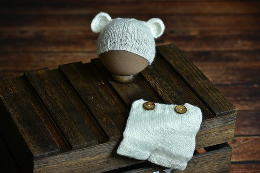 SET Mohair Bear Hat and Pants - White-Newborn Photography Props