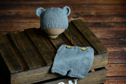 SET Mohair Bear Hat and Pants - Gray-Newborn Photography Props
