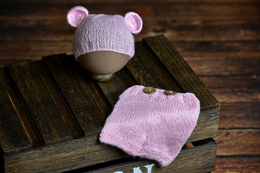 SET Mohair Bear Hat and Pants - Pink-Newborn Photography Props
