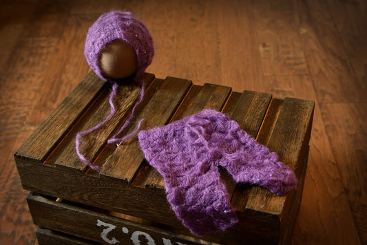 SET Mohair Pants and Bonnet with Pearls - Violet-Newborn Photography Props