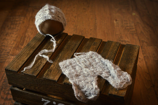 SET Mohair Pants and Bonnet with Pearls - Silver-Newborn Photography Props