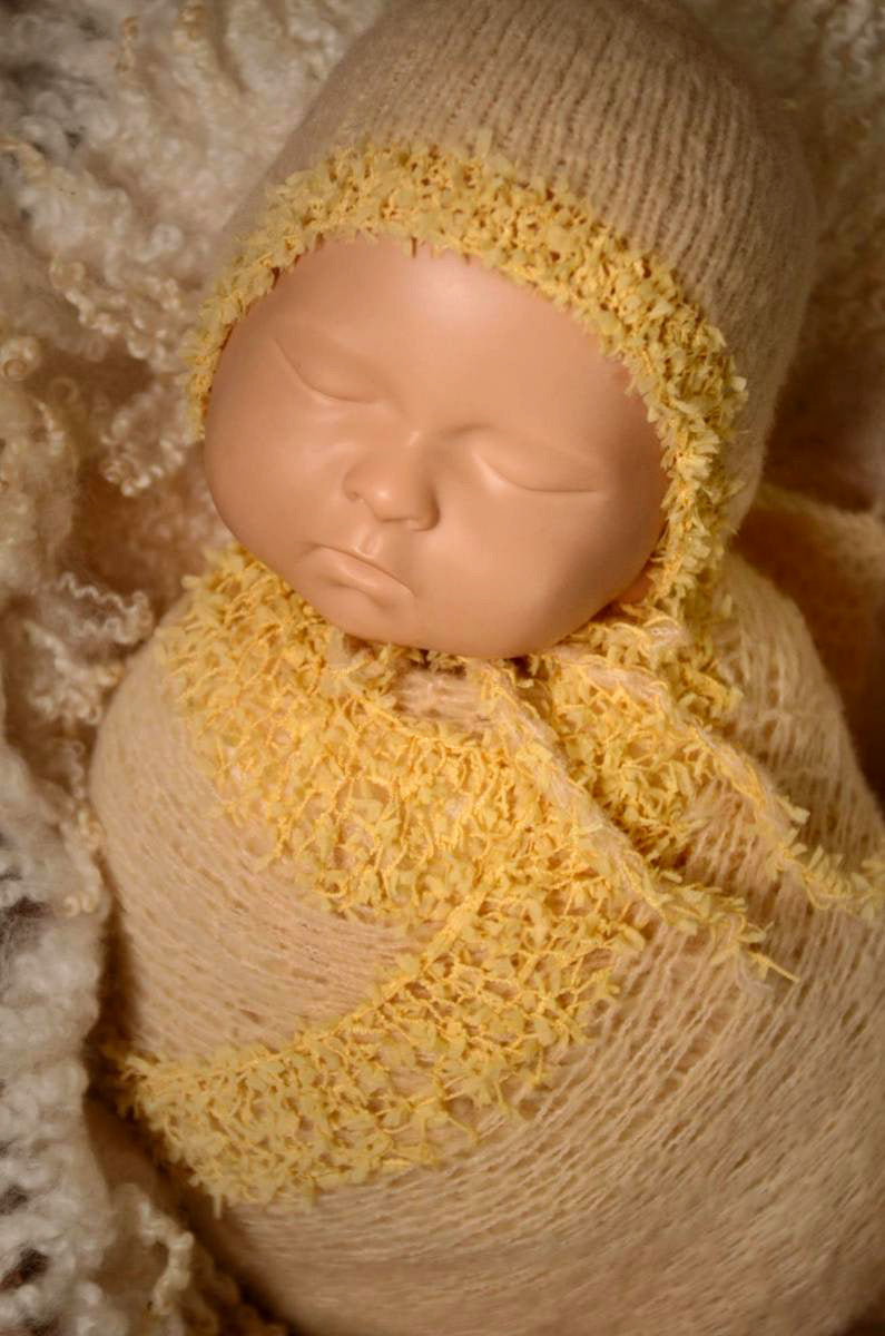 SET Fantasy Mohair Bonnet and Wrap - Light Yellow-Newborn Photography Props