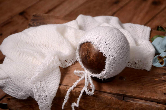 SET Fantasy Mohair Bonnet and Wrap - White-Newborn Photography Props