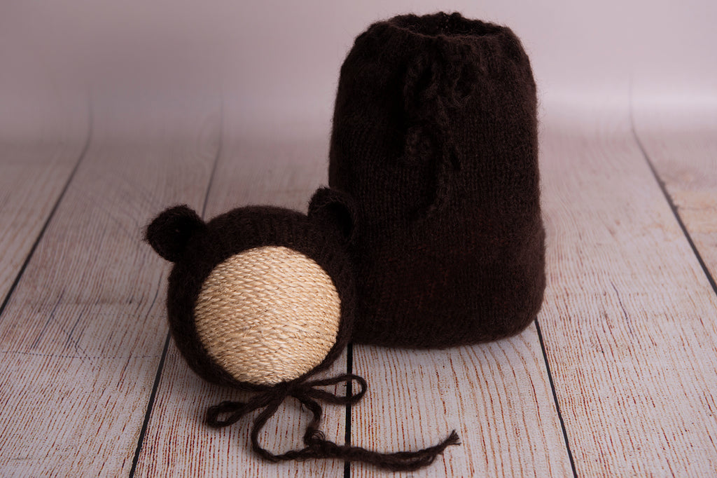 SET Mohair Bear Bonnet and Sack - Dark Brown