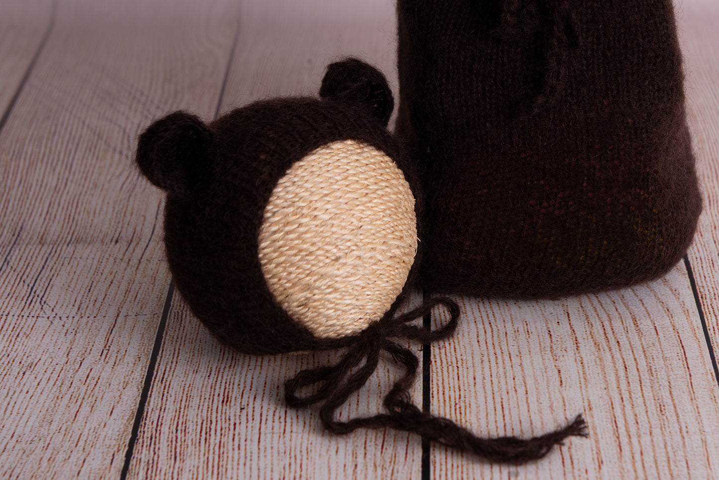 SET Mohair Bear Bonnet and Sack - Dark Brown