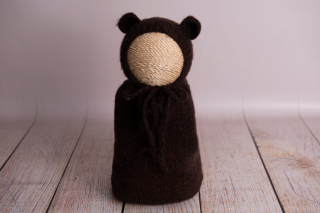 SET Mohair Bear Bonnet and Sack - Dark Brown