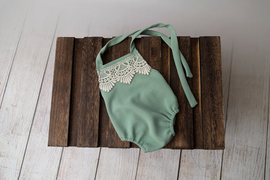 Bohemian Stitch Romper with Lace - Textured - Light Olive