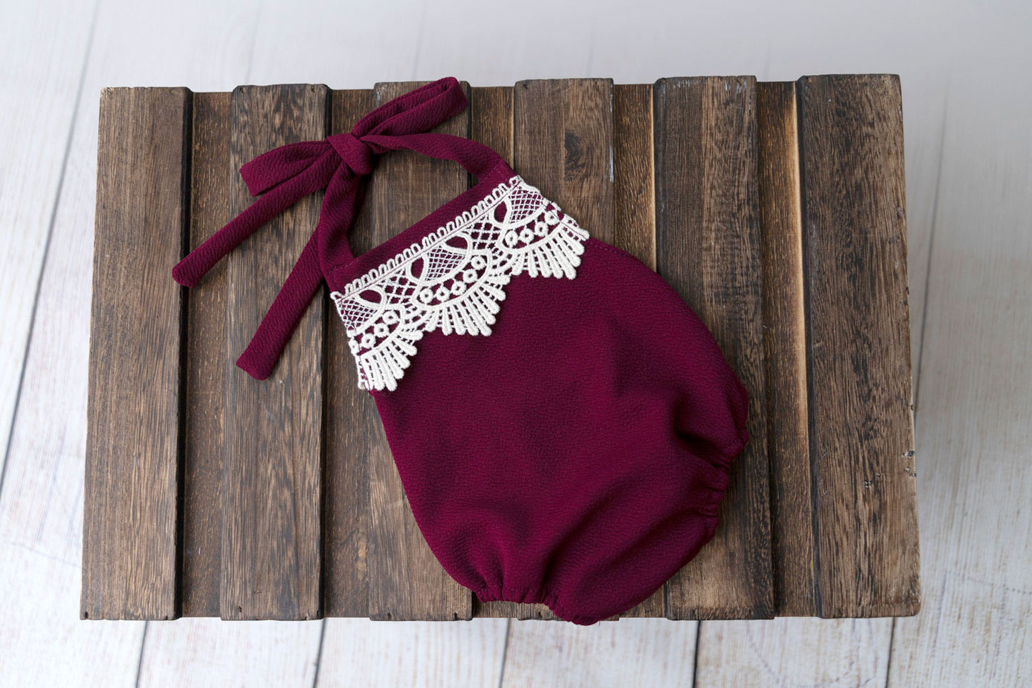 Bohemian Stitch Romper with Lace - Textured - Burgundy