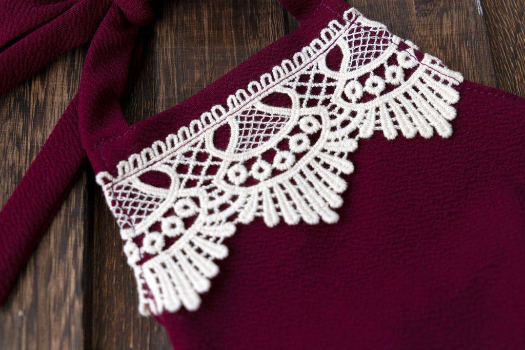 Bohemian Stitch Romper with Lace - Textured - Burgundy