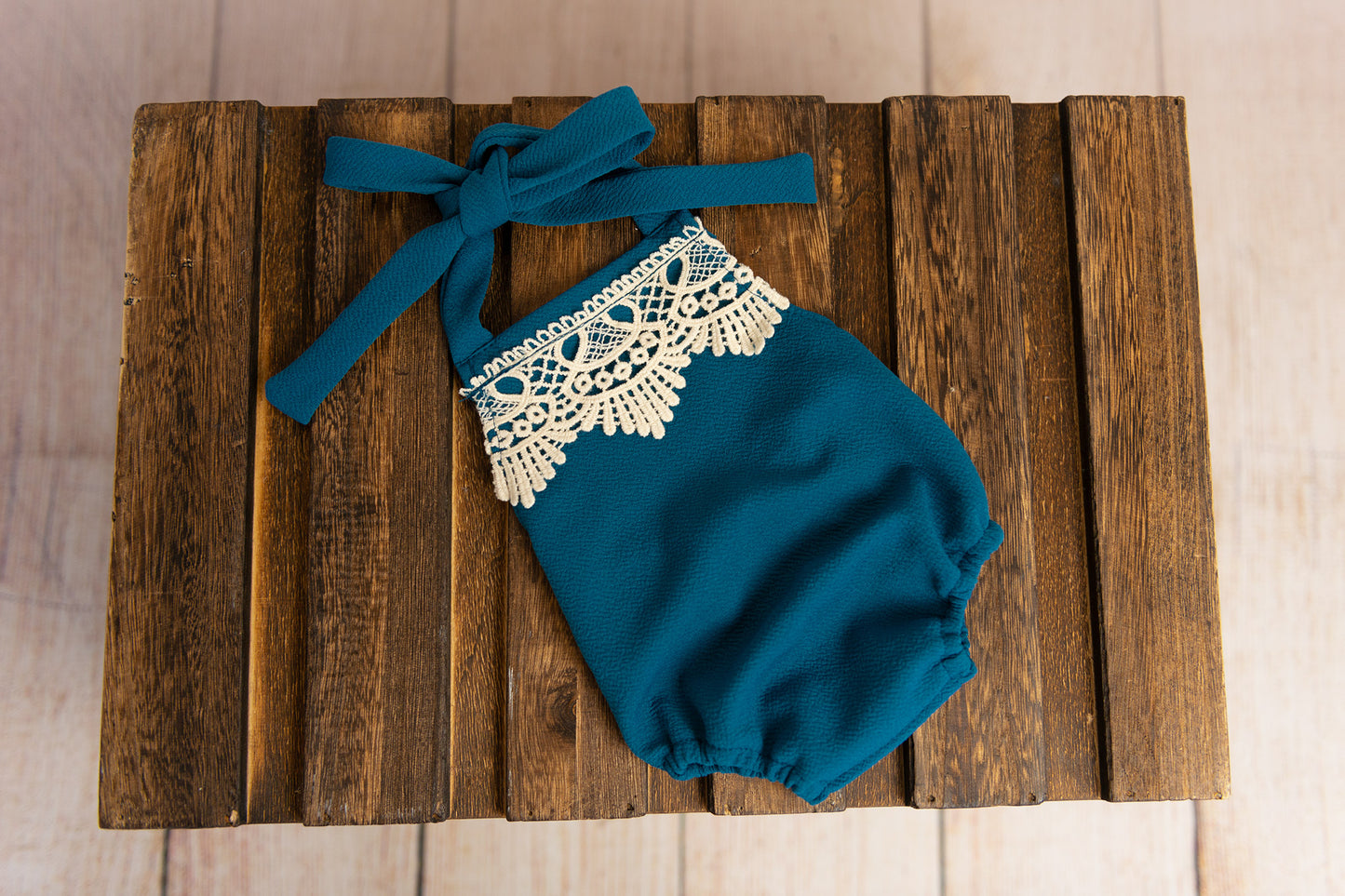 Bohemian Stitch Romper with Lace - Textured - Teal