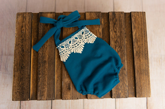 Bohemian Stitch Romper with Lace - Textured - Teal