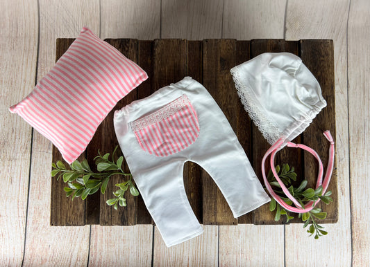 SET Pants, Pillow and Bonnet - Pink Stripes