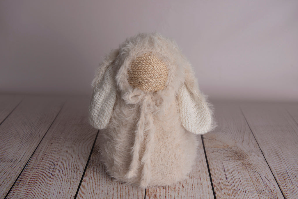 Newborn photography clothing set featuring a beige rabbit ears bonnet and matching sack, displayed on a wooden surface with a soft-focus background.