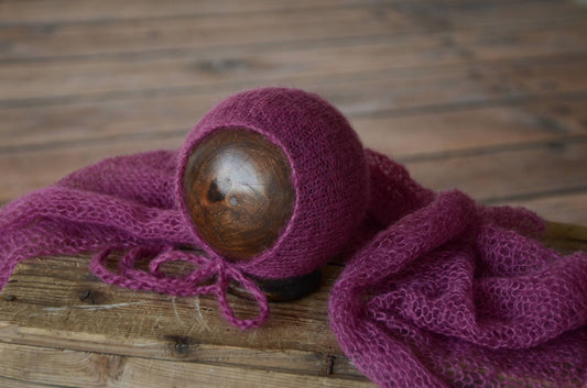 SET Mohair Knit Baby Wrap and Bonnet - Mauve-Newborn Photography Props