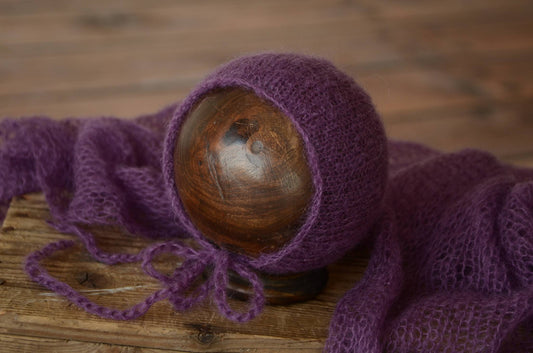 SET Mohair Knit Baby Wrap and Bonnet - Violet-Newborn Photography Props