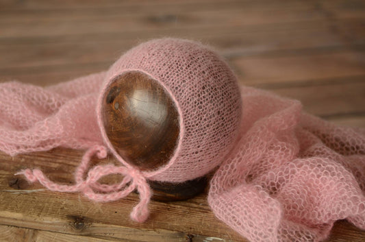 SET Mohair Knit Baby Wrap and Bonnet - Pink-Newborn Photography Props