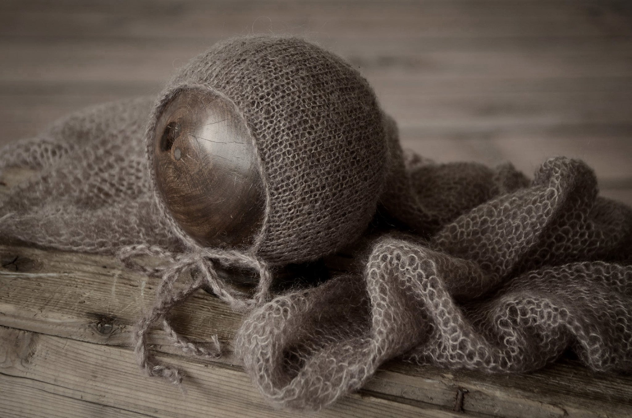 SET Mohair Knit Baby Wrap and Bonnet - Nut-Newborn Photography Props